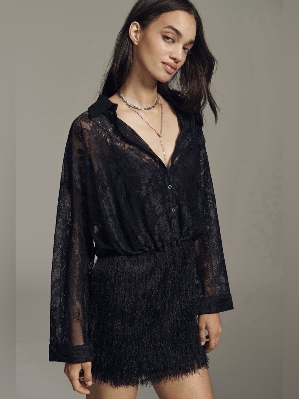 Maeve Black Textured Fringe Mini Skirt